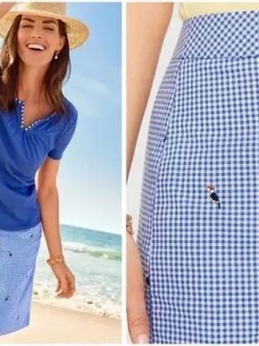 Talbots Blue Gingham Midi Skirt with Embroidered Bird